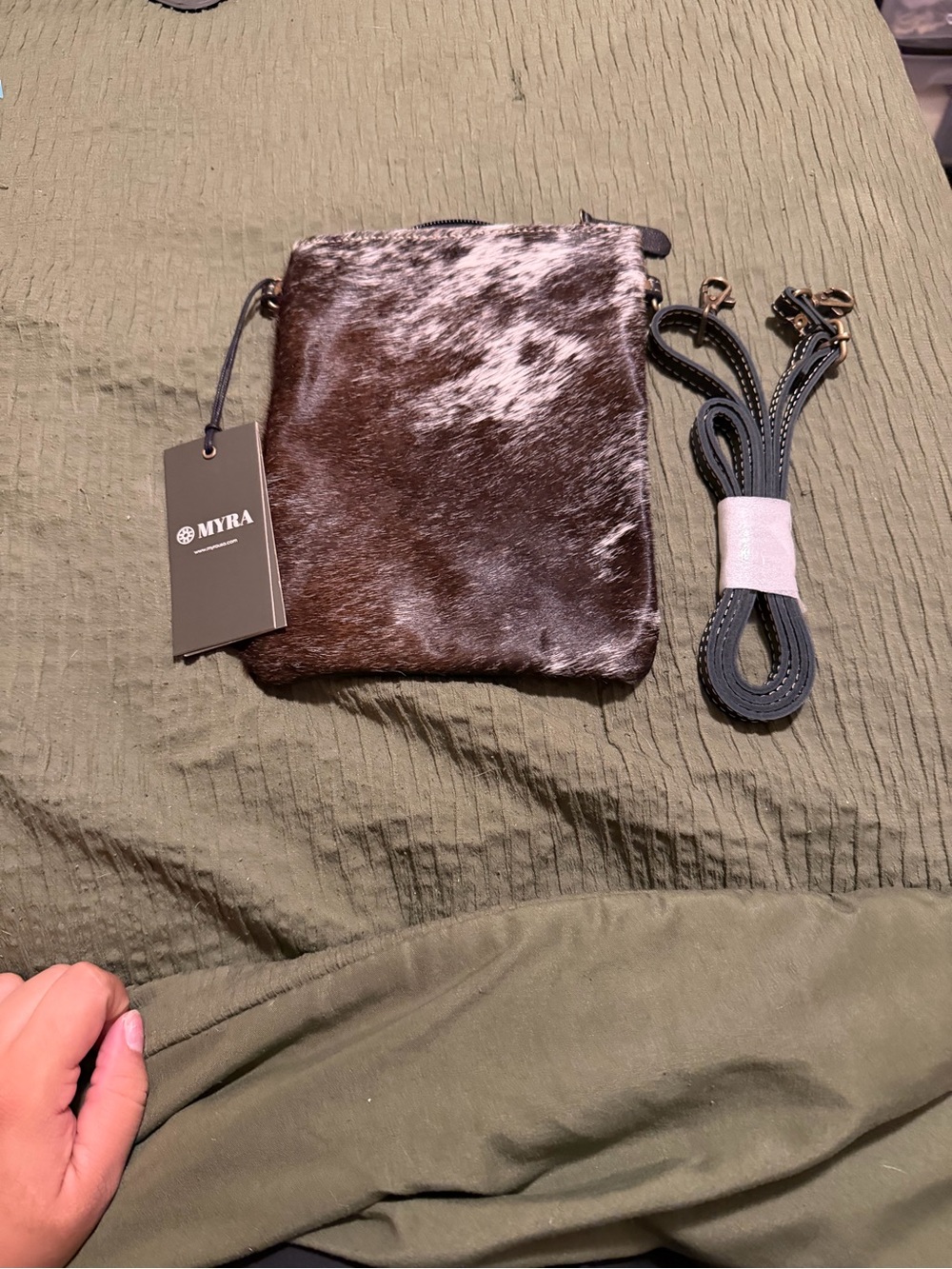 Myra Bag Brown & White Cowhide Crossbody Purse with Detachable Strap
